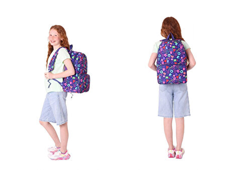 Kaukko Kız Çocuk Okul Sırt Çantası ve Beslenme Çantası Seti - Lacivert - Kalp ve Kaukko Baskılı