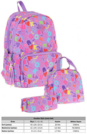 Kaukko Brokar Üçlü Okul Çanta Seti - Mor - Kalp ve Kaukko Baskılı - Kız Çocuk