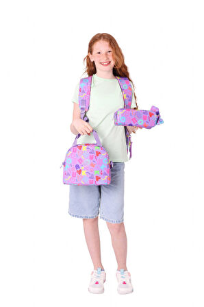 Kaukko Brokar Üçlü Okul Çanta Seti - Mor - Kalp ve Kaukko Baskılı - Kız Çocuk