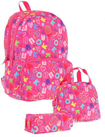 Kaukko Brokar Üçlü Okul Çanta Seti - Pembe - Kalp ve Kaukko Baskılı - Kız Çocuk