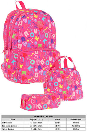Kaukko Brokar Üçlü Okul Çanta Seti - Pembe - Kalp ve Kaukko Baskılı - Kız Çocuk
