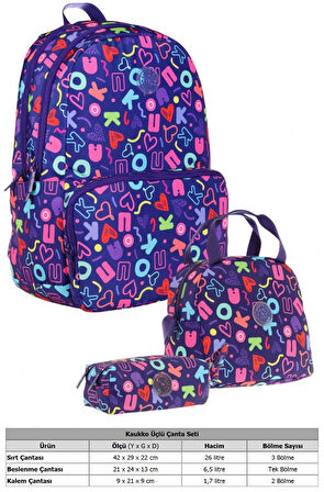 Kaukko Brokar Üçlü Okul Çanta Seti - Lacivert - Kalp ve Kaukko Baskılı - Kız Çocuk