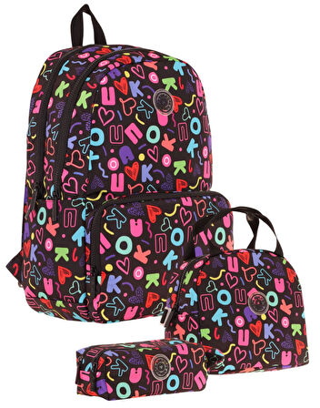 Kaukko Brokar Üçlü Okul Çanta Seti - Siyah - Kalp ve Kaukko Baskılı - Kız Çocuk