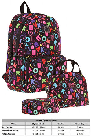 Kaukko Brokar Üçlü Okul Çanta Seti - Siyah - Kalp ve Kaukko Baskılı - Kız Çocuk