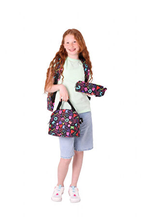 Kaukko Brokar Üçlü Okul Çanta Seti - Siyah - Kalp ve Kaukko Baskılı - Kız Çocuk