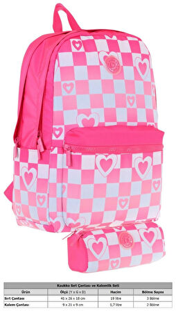 Kaukko Nature Dama ve Kalp Desenli Pembe Kız Çocuk Okul Çantası ve Kalemlik Okul Seti