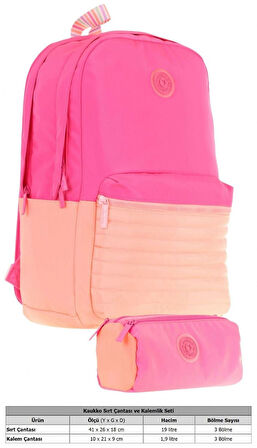 Kaukko Quick Kapitone Detaylı Pembe Turuncu Kız Çocuk Okul Çantası ve Kalemlik Okul Seti