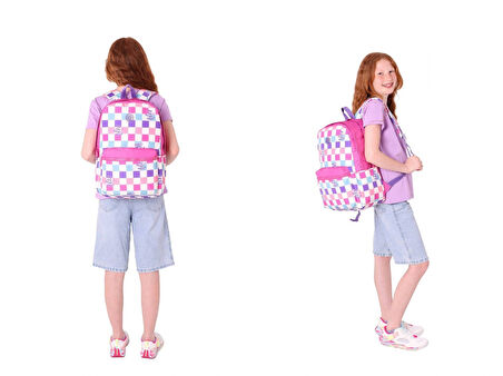 Kaukko Nature Dama Desenli Pembe Kız Çocuk Okul Çantası ve Kalemlik Okul Seti