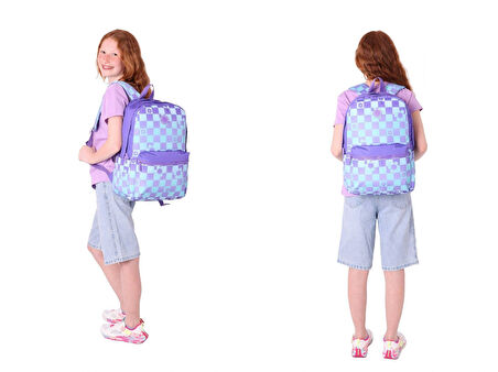 Kaukko Nature Mor Mavi Papatya ve Kare Desenli Okul Çantası ve Isı Yalıtımlı Beslenme Seti - Kız Çocuk