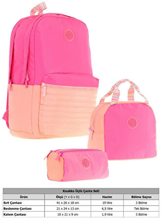 Kaukko Quick Üçlü Kız Çocuk Okul Çanta Seti - Pembe Turuncu - Kapitone Detaylı