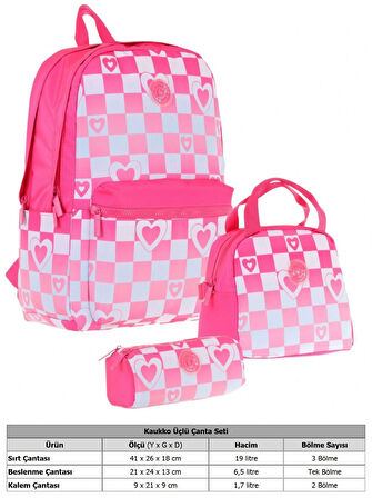 Kaukko Nature Üçlü Kız Çocuk Okul Çanta Seti - Pembe - Dama ve Kalp Desenli