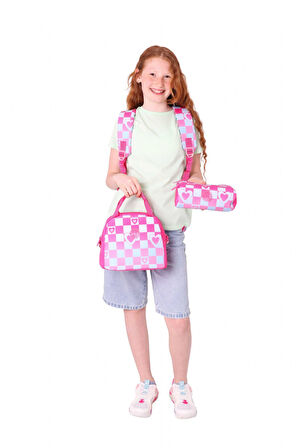 Kaukko Nature Üçlü Kız Çocuk Okul Çanta Seti - Pembe - Dama ve Kalp Desenli