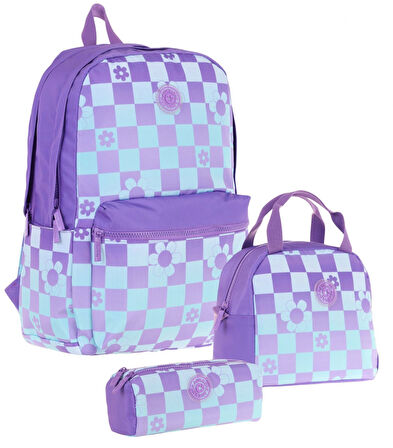 Kaukko Nature Üçlü Kız Çocuk Okul Çanta Seti - Mor Mavi - Papatya ve Kare Desenli