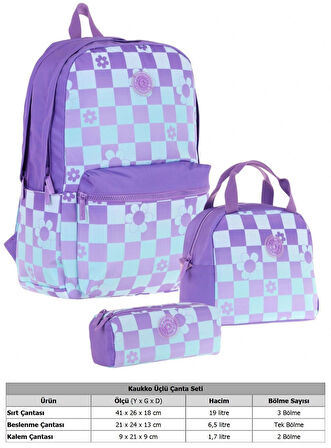 Kaukko Nature Üçlü Kız Çocuk Okul Çanta Seti - Mor Mavi - Papatya ve Kare Desenli