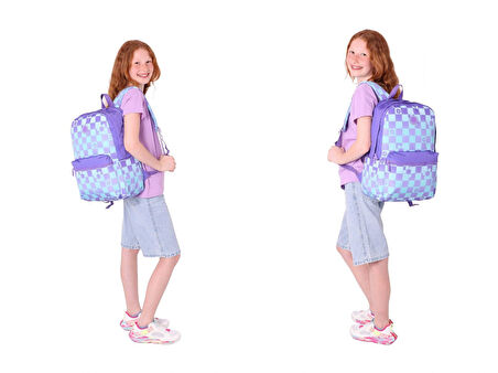 Kaukko Nature Üçlü Kız Çocuk Okul Çanta Seti - Mor Mavi - Papatya ve Kare Desenli