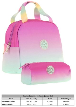Kaukko Rainbow Beslenme Çantası + Kalemlik Seti Pembe Yeşil, Renk Geçişli, Kız Çocuk