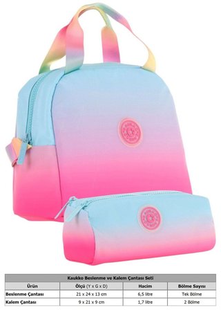 Kaukko Rainbow Beslenme Çantası + Kalemlik Seti Mavi Pembe, Renk Geçişli, Kız Çocuk