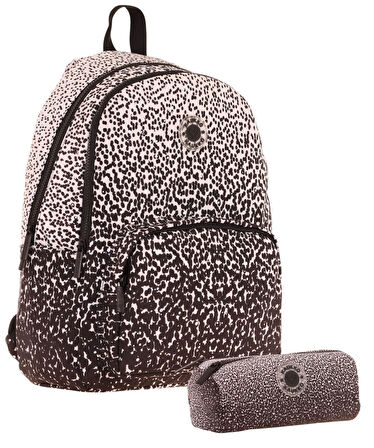 Kaukko Nokta Desenli Siyah Kız Çocuk Okul Çantası ve Kalemlik Seti (KK - K1804+KK - K2715)