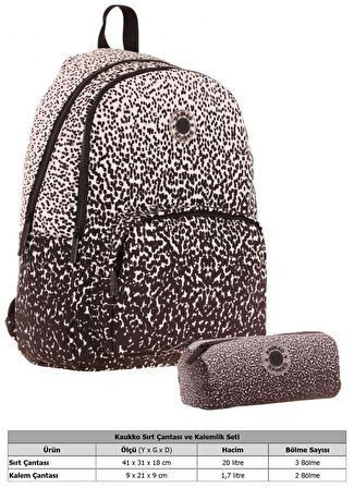 Kaukko Nokta Desenli Siyah Kız Çocuk Okul Çantası ve Kalemlik Seti (KK - K1804+KK - K2715)