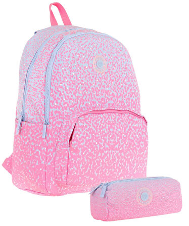 Kaukko Nokta Desenli Pembe Kız Çocuk Okul Çantası ve Kalemlik Seti (KK - K1803+KK - K2714)