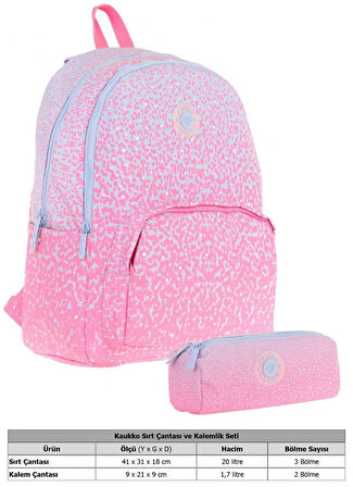 Kaukko Nokta Desenli Pembe Kız Çocuk Okul Çantası ve Kalemlik Seti (KK - K1803+KK - K2714)