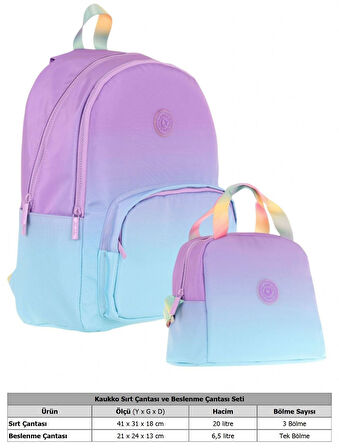 Kaukko Rainbow Üç Bölmeli İlkokul Çantası ve Beslenme Çantası Seti - Mor Turkuaz Renk Geçişli