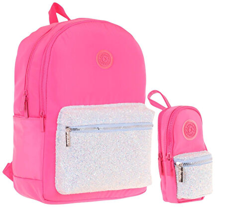 Kaukko Bright Kız Çocuk Taşlı Pembe Okul Çantası ve Çanta Şekilli Kalemlik Seti
