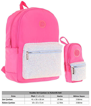 Kaukko Bright Kız Çocuk Taşlı Pembe Okul Çantası ve Çanta Şekilli Kalemlik Seti