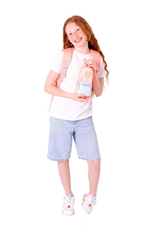 Kaukko Bright Kız Çocuk Taşlı Somon Okul Çantası ve Çanta Şekilli Kalemlik Seti