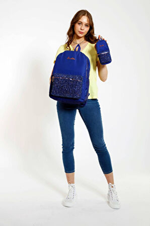 Kaukko Bright Kız Çocuk Taşlı Lacivert Okul Çantası ve Çanta Şekilli Kalemlik Seti