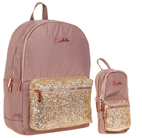 Kaukko Bright Kız Çocuk Taşlı Kahverengi Okul Çantası ve Çanta Şekilli Kalemlik Seti
