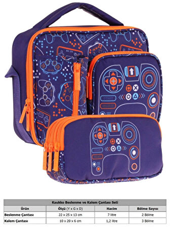 Kaukko Kids Erkek Çocuk Lacivert Turuncu Oyun Temalı Üç Bölmeli Thermo Beslenme Çantası ve Kalemlik Seti (L7281+L8281)