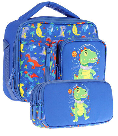 Kaukko Kids Erkek Çocuk Mavi Yeşil Dinazor Baskılı Üç Bölmeli Thermo Beslenme Çantası ve Kalemlik Seti (L7262+L8262)