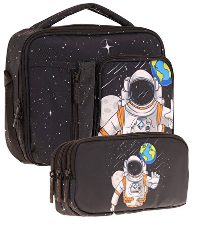 Kaukko Kids Erkek Çocuk Siyah Beyaz Astronor Üç Bölmeli Thermo Beslenme Çantası ve Kalemlik Seti (L7253+L8253)