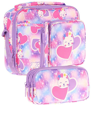 Kaukko Kids Kız Çocuk Lila Pembe Kalpli Kedi Baskılı Üç Bölmeli Thermo Beslenme Çantası ve Kalemlik Seti (L7219+L8219)