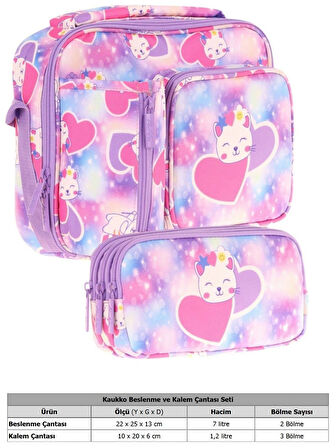Kaukko Kids Kız Çocuk Lila Pembe Kalpli Kedi Baskılı Üç Bölmeli Thermo Beslenme Çantası ve Kalemlik Seti (L7219+L8219)