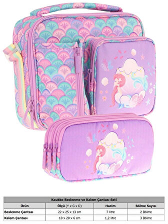Kaukko Kids Kız Çocuk Mor Yeşil Denizkızı Üç Bölmeli Thermo Beslenme Çantası ve Kalemlik Seti (L7225+L8225)