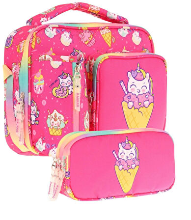 Kaukko Kids Kız Çocuk Kırmızı Dondurma Desenli Üç Bölmeli Thermo Beslenme Çantası ve Kalemlik Seti (L7227+L8227)
