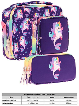 Kaukko Kids Kız Çocuk Mor Çok Renkli Unicorn ve Denizkızı Üç Bölmeli Thermo Beslenme Çantası ve Kalemlik Seti (L7228+L8228)