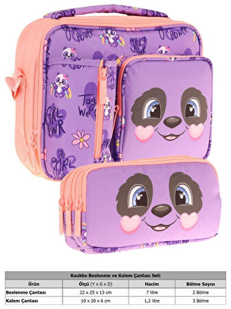 Kaukko Kids Kız Çocuk Mor Somon Panda Desenli Üç Bölmeli Thermo Beslenme Çantası ve Kalemlik Seti (L7233+L8233)