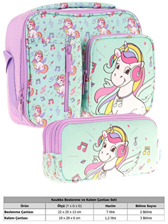 Kaukko Kids Kız Çocuk Turkuaz Unicorn Baskılı Üç Bölmeli Thermo Beslenme Çantası ve Kalemlik Seti (L7234+L8234)