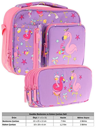 Kaukko Kids Kız Çocuk Mor Pembe Flamingo Baskılı Üç Bölmeli Thermo Beslenme Çantası ve Kalemlik Seti (L7240+L8240)