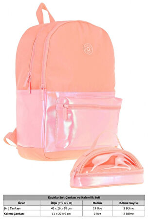 Kaukko Cube Okul Çantası ve İki Bölmeli Kalemlik Seti - Kız çocuk - Somon - K1820+K2731
