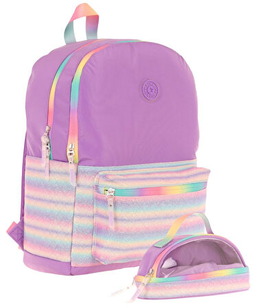 Kaukko Brush Okul Çantası ve İki Bölmeli Kalemlik Seti - Kız çocuk - Mor Çok Renkli - K1822+K2733