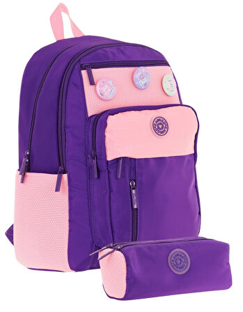 Kauko Holiday Kız Çocuk Rozetli Okul Çantası ve Kalemlik Seti - Mor Pembe - Altı Bölmeli