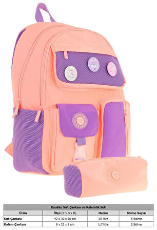 Kaukko Travel Kız Çocuk Rozetli Okul Çantası ve Kalemlik Seti - Somon Mor - Beş Bölmeli