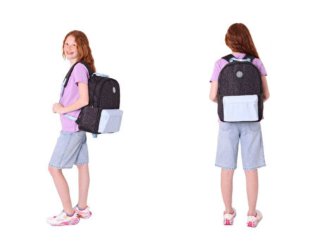 Kaukko Double Color Kız Çocuk Okul Sırt Çantası ve Beslenme Çantası Seti - Siyah Mavi