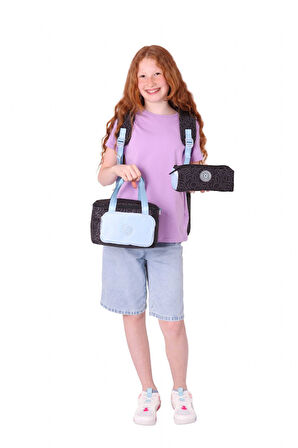 Kaukko Çizgi Desenli Siyah Mavi Kız Çocuk Üçlü Okul Çanta Seti