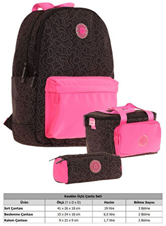 Kaukko Çizgi Desenli Siyah Fuşya Kız Çocuk Üçlü Okul Çanta Seti