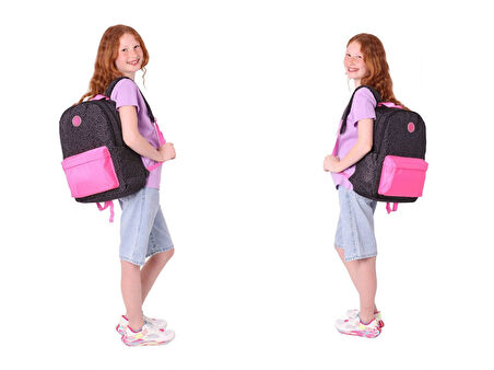 Kaukko Çizgi Desenli Siyah Fuşya Kız Çocuk Üçlü Okul Çanta Seti